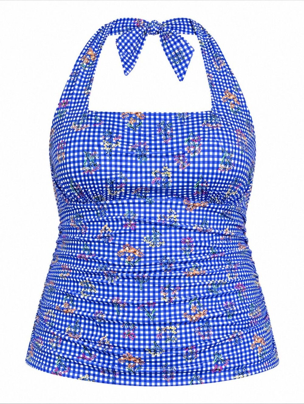 LANDS' END | Blue Gingham Botanical Square Neck Floral Halter Tankini Top |‎ 24W